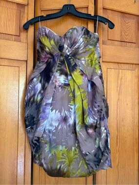 Matthew Williamson Strapless Floral Print Cocktail Dress in Olive and Taupe